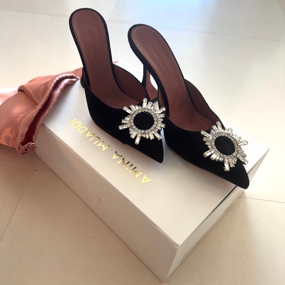 Amina Muaddi BEGUM MULE Suede Black Heels with Silver Embellishments